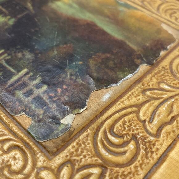 Vintage Wood Footed Jewelry Chocolate Keepsake Trinket Box Carved Mirror Hinged - Picture 4 of 13